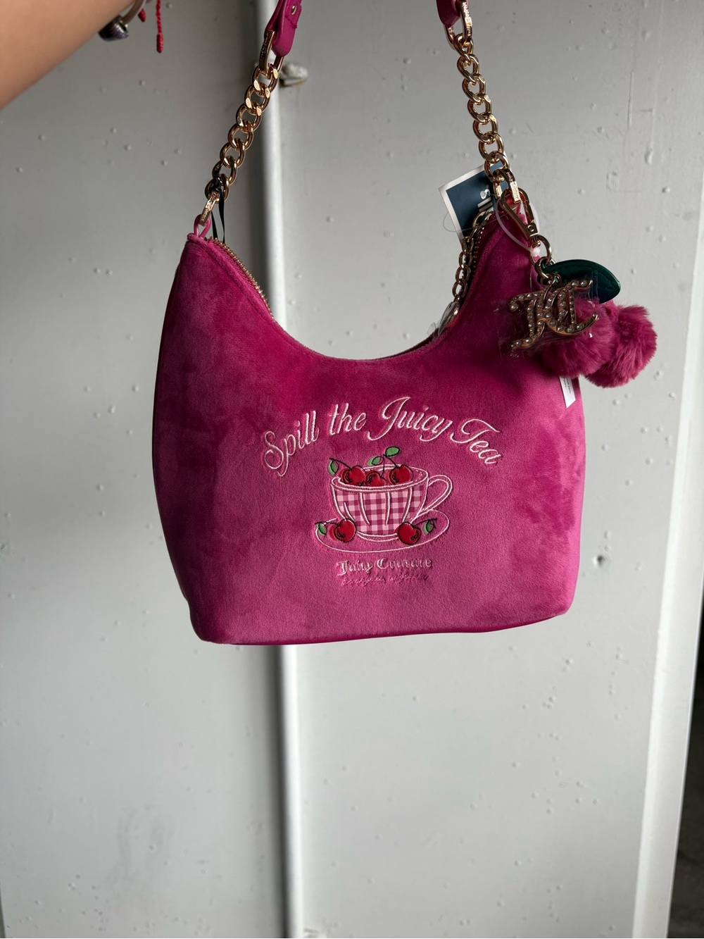 Juicy Couture Hot Pink Suede 'Spill the Juicy Tea' Shoulder Bag
